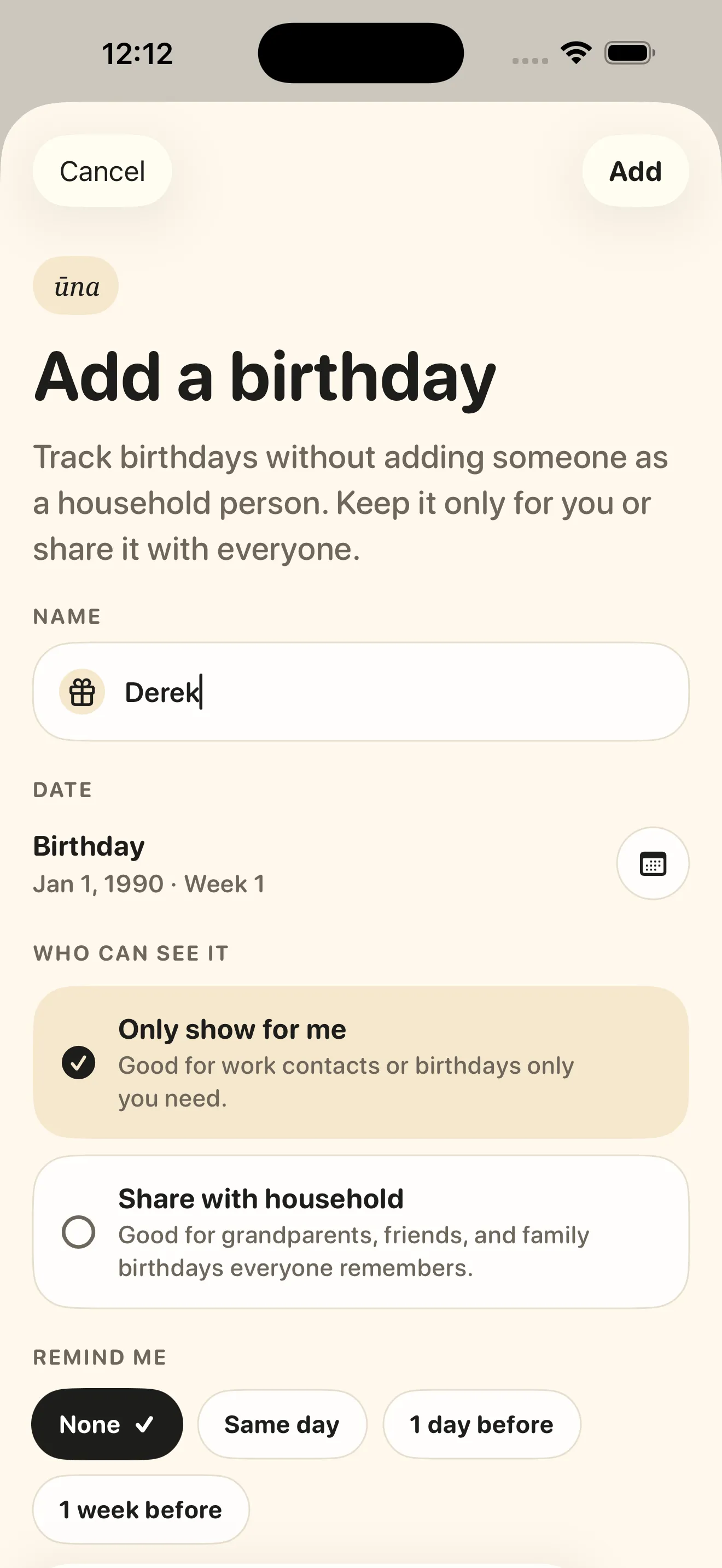 Adding a birthday in Ūna, with the who-can-see-it choice