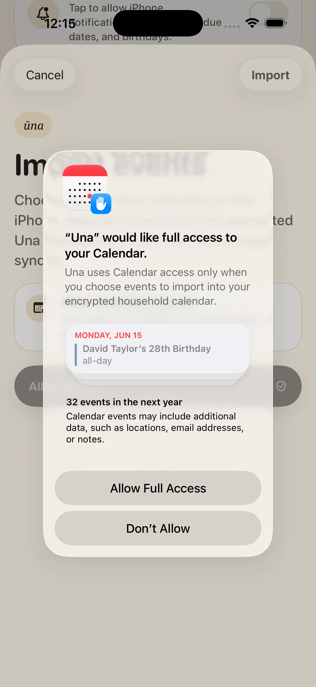 Granting Ūna access to read your calendar for the import