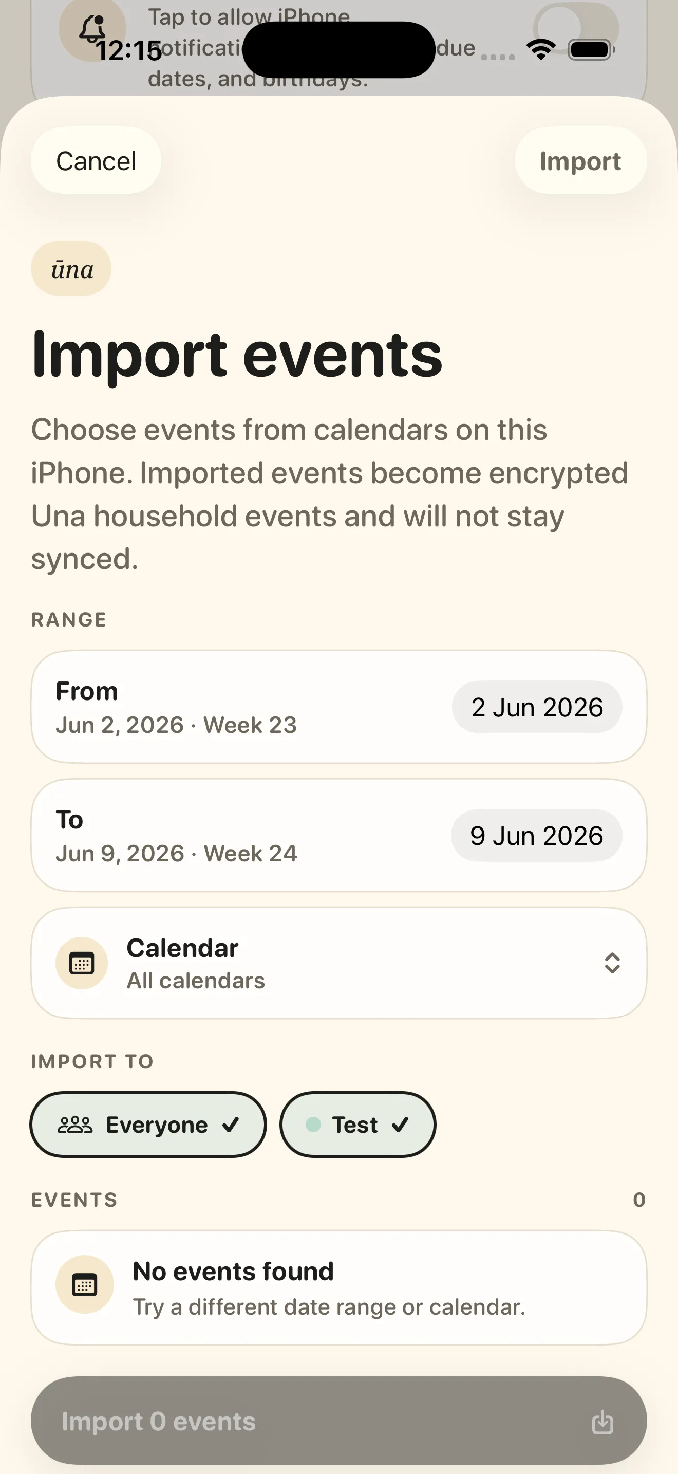 Choosing a date range, calendar, and who the imported events are for