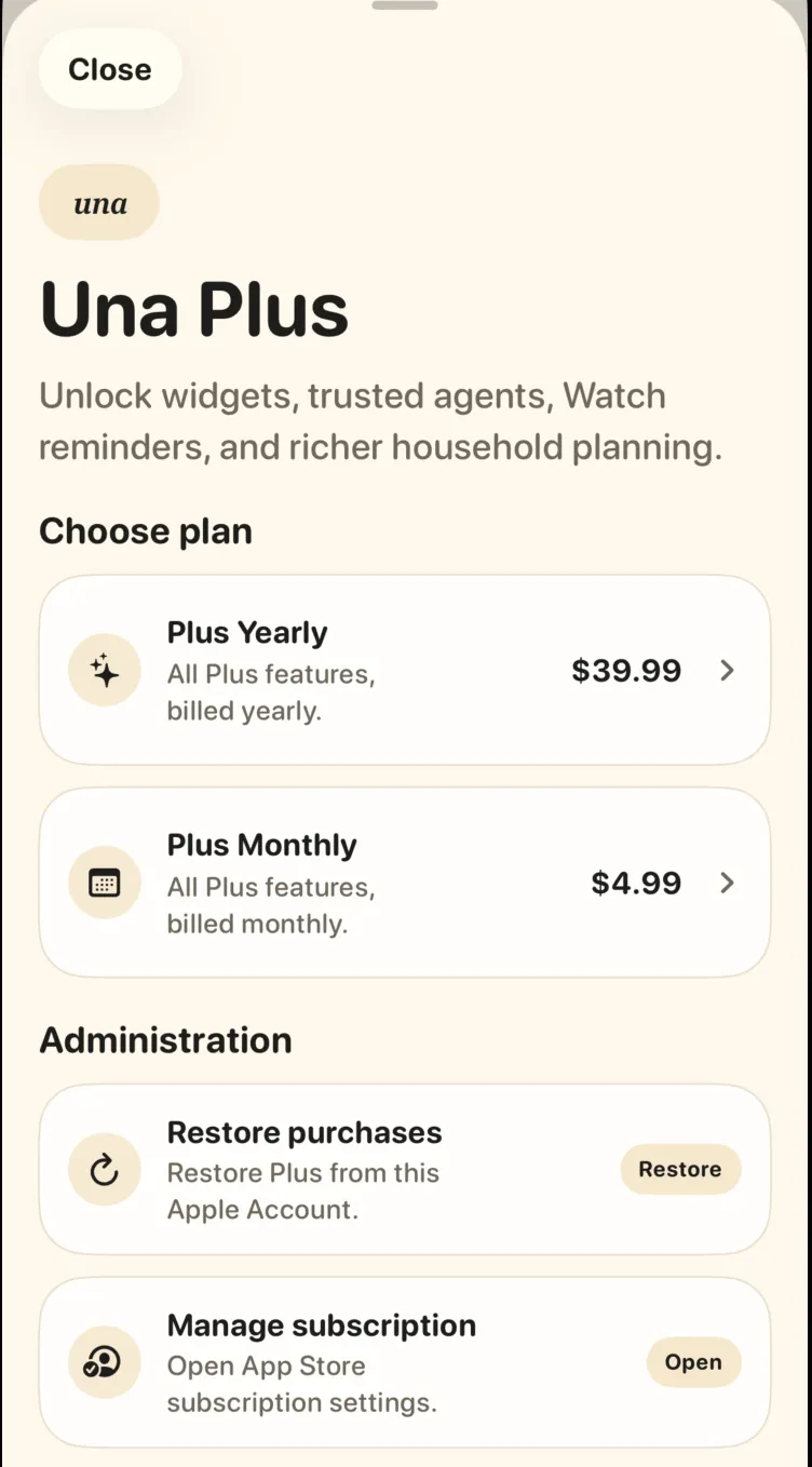 The Ūna Plus screen with plans, restore purchases, and manage subscription